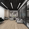 Modern Office Interior Design With Sofa Black Chairs World Map Wall And Glass Partitions