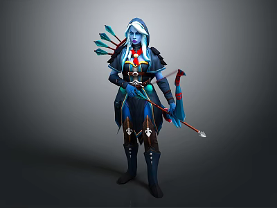 Blue Skinned White Haired Archer Game And Movie Character With Bow Arrows And Ornate Outfit 3d model