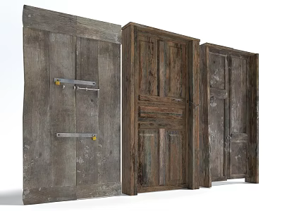 Three Rustic Wooden Doors With Vintage Texture And Metal Handles 3d model