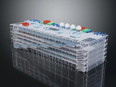 Cartoon Style Multi Layered Building Scaffolding Structure With Colorful Blocks And White Domes 3d model