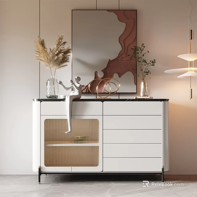 Elegant Modern Entryway Console Table With Mirror Plant Decor And Storage Drawers 3d model