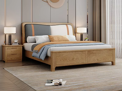 Modern Wooden Double Bed In Bedroom With Bedside Tables Lamps And Woven Rug 3d model