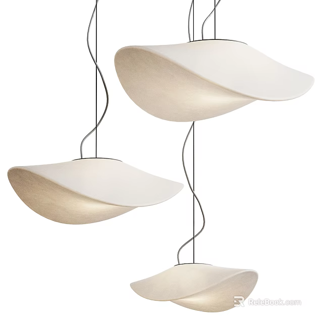 Three Modern White Curved Pendant Lights Hanging On Black Thin Wires 3d model 