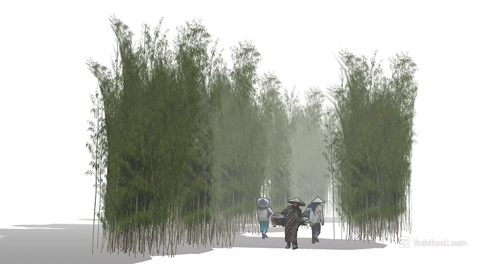 Bamboo Trees Creating Serene Pathway With Traditional Hat Wearing People 3d model 