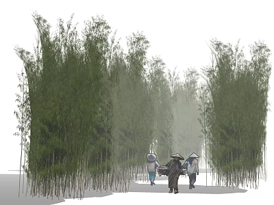 Bamboo Trees Creating Serene Pathway With Traditional Hat Wearing People 3d model