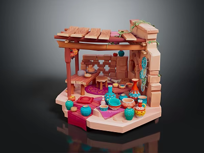 Cartoon Scene of Small Wooden Stall with Brick Decoration Colorful Pottery Jars and Red Carpet 3d model