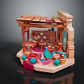 Cartoon Scene of Small Wooden Stall with Brick Decoration Colorful Pottery Jars and Red Carpet