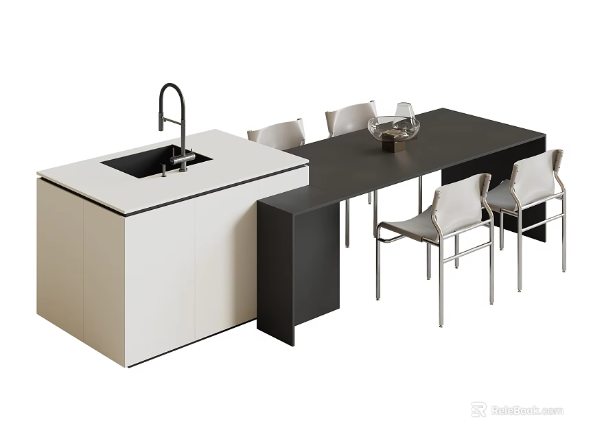 Modern Bar Counter With White Cabinet Black Countertop Sink Faucet And Silver Chairs 3d model 