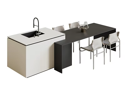 Modern Bar Counter With White Cabinet Black Countertop Sink Faucet And Silver Chairs 3d model