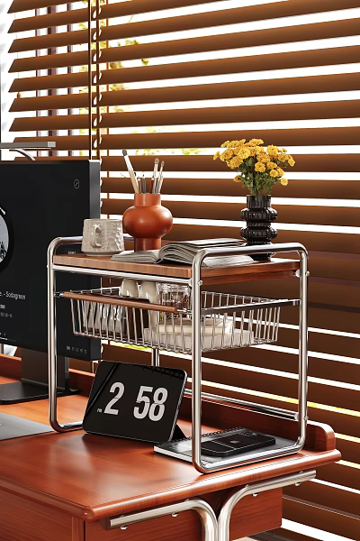 Modern Metal Storage Rack With Wooden Shelf Black Vase Yellow Flowers Books And Ceramic Jar 3d model