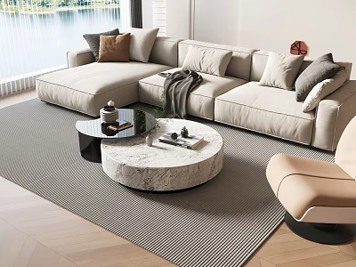 L Shaped Beige Sofa Coffee Table Set With Throw Pillows Blanket Marble Top Gray Rug 3d model