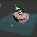 Low Poly Style Two Puffins Standing On Ice Block With Small Fish Below 3d model