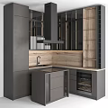 Modern Gray Kitchen Cabinets With Wooden Countertop And Built In Appliances