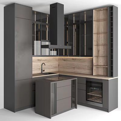 Modern Gray Kitchen Cabinets With Wooden Countertop And Built In Appliances 3d model
