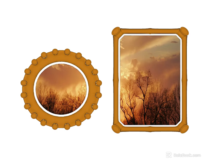 Beautiful Sunset Landscape Painting With Silhouette Trees And Orange Sky In Round And Rectangular Frames 3d model 