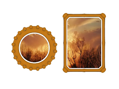 Beautiful Sunset Landscape Painting With Silhouette Trees And Orange Sky In Round And Rectangular Frames 3d model