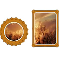 Beautiful Sunset Landscape Painting With Silhouette Trees And Orange Sky In Round And Rectangular Frames