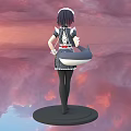 Woman in maid outfit standing on black base with orange red sunset sky and clouds