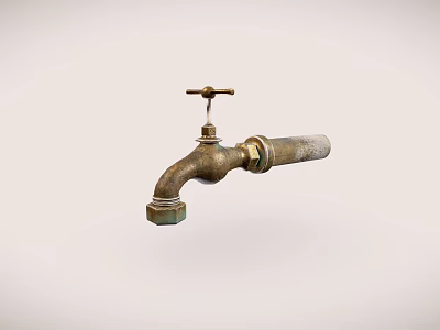 Vintage Brass Faucet With Cross Handle And Aged Finish On Light Background 3d model
