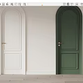 Two White and Dark Green Arched Hinged Doors in Minimalist Interior With Wooden Floor