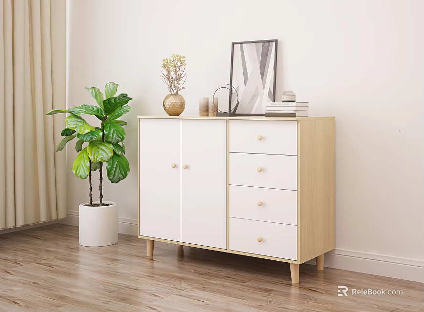 Entryway Console Cabinet with Light Wood White Design Two Doors Three Drawers and Green Plant Decor 3d model 