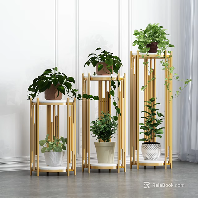 Elegant Garden Decor With Golden Multi tiered Plant Stands And Lush Green Plants 3d model 
