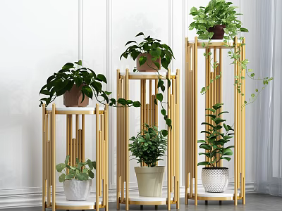 Elegant Garden Decor With Golden Multi tiered Plant Stands And Lush Green Plants 3d model