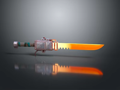 Serrated Orange Blade Knife With Metal Green Decorated Handle And Reflective Surface 3d model