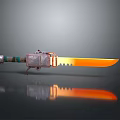 Serrated Orange Blade Knife With Metal Green Decorated Handle And Reflective Surface