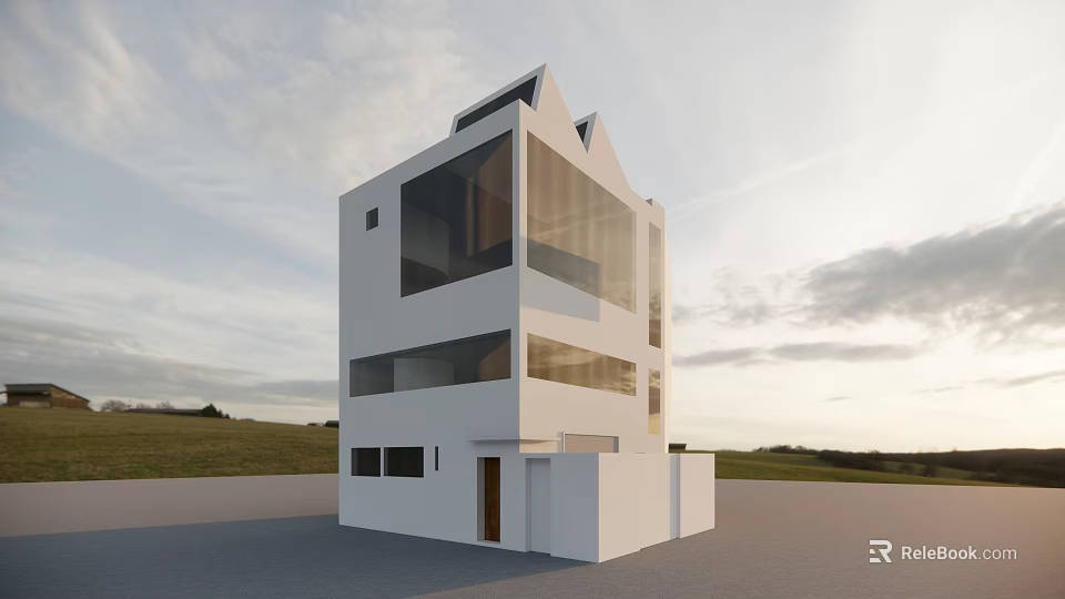 Modern White Multi storey Building With Glass Curtain Walls And Geometric Roof Set In Open Landscape 3d model 