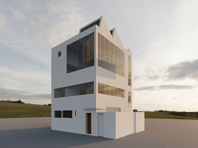 Modern White Multi storey Building With Glass Curtain Walls And Geometric Roof Set In Open Landscape 3d model