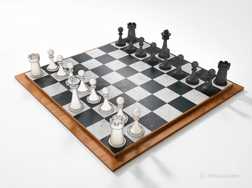Decorative Ornament Set Classic Chessboard With Black And White Pieces On Wooden Frame 3d model 