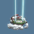 Cartoon Scene of Floating Island with Green Grass Circular Pit and Glowing Pillars