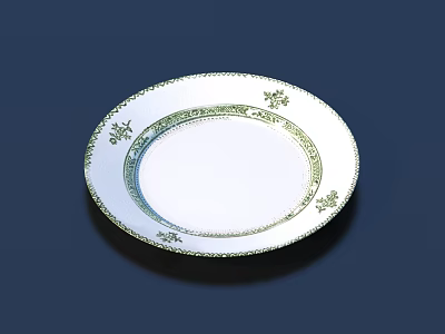 White Dinnerware Set With Green Floral Patterns On Rim Against Dark Blue Background 3d model