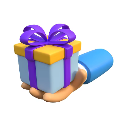 Hand Holding Ornamental Gift Box With Yellow Blue Color And Purple Bow Ribbon 3d model