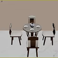 Modern Round Dining Table Set With Patterned Top Four Wooden Leg Chairs And White Bowls