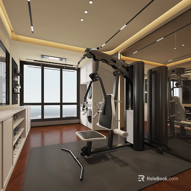 Modern Home Gym Interior With Fitness Equipment Large Windows And Wooden Flooring 3d model 