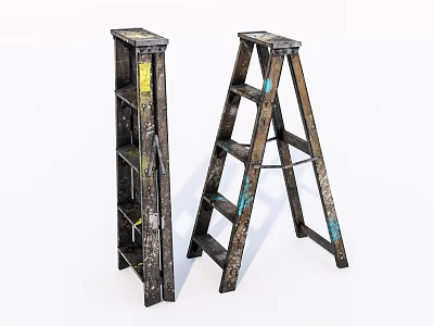 Vintage Worn Finish Step Ladder And Straight Ladder With Shelves For Home Use 3d model
