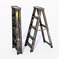 Vintage Worn Finish Step Ladder And Straight Ladder With Shelves For Home Use