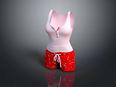 Women's Pink Sleeveless Top With Red Buttons Red Shorts White Floral Pattern Drawstring 3d model