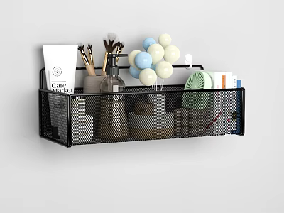 Home Decorative Ornament Set with Mesh Wall Rack Cosmetics Makeup Brushes and Colorful Balloons 3d model