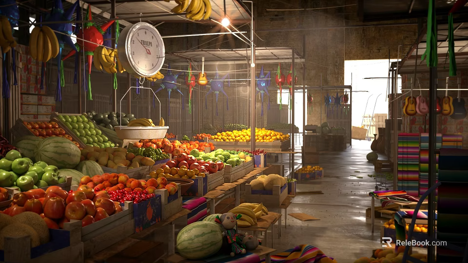 Colorful Fresh Fruits at Market Stalls With Hanging Decorations and Clock 3d model 