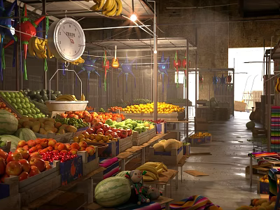 Colorful Fresh Fruits at Market Stalls With Hanging Decorations and Clock 3d model