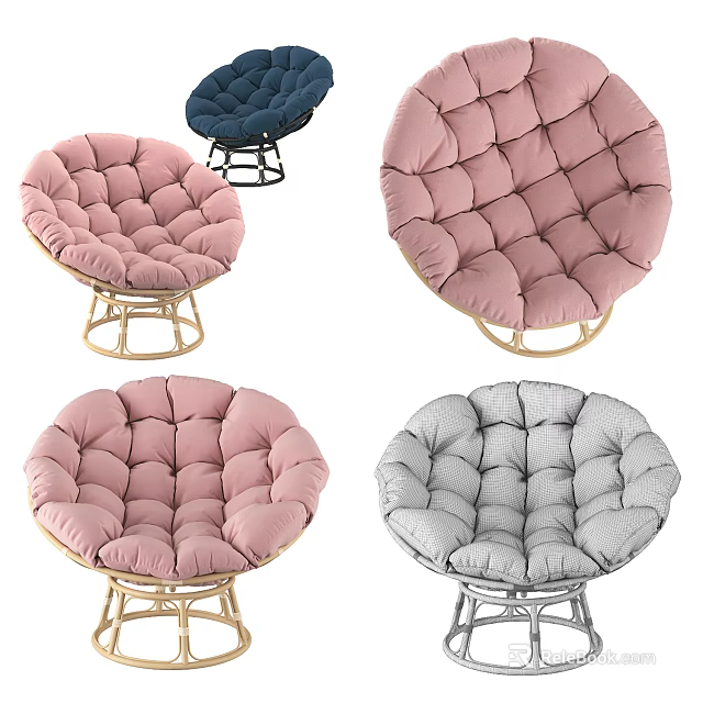 Round Single Seater Sofa with Rattan Frame Plush Tufted Cushion in Pastel Colors 3d model 