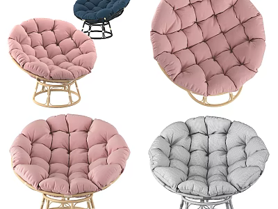 Round Single Seater Sofa with Rattan Frame Plush Tufted Cushion in Pastel Colors 3d model