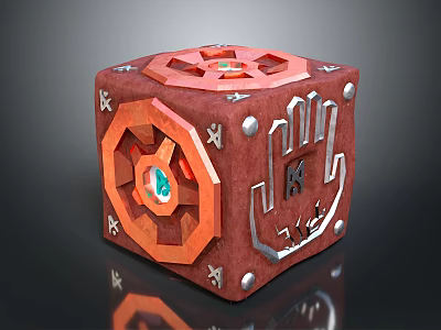 Red Decorative Cube Lifestyle Accessory With Gear Design Metal Accents And Palm Pattern 3d model