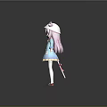 Game Anime Character With Pink Hair Cat Ear Hat Blue Coat And White Stockings