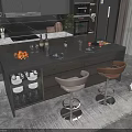 Modern Bar Counter With Dark Surface Fruits Wine Glasses Plates And Two High Stools