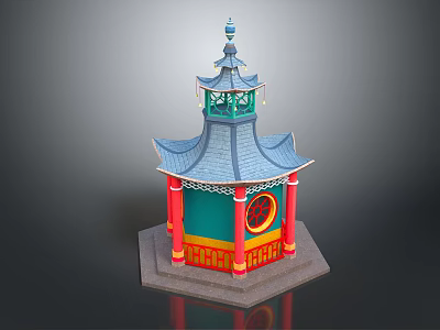 Traditional Chinese Pavilion With Multi Tiered Roof Red Pillars Round Window And Green Decorations 3d model