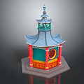 Traditional Chinese Pavilion With Multi Tiered Roof Red Pillars Round Window And Green Decorations